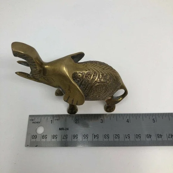 Vintage Small Solid Brass Elephant Raised Trunk Embossed Ornate MCM Figurine - Picture 11 of 11